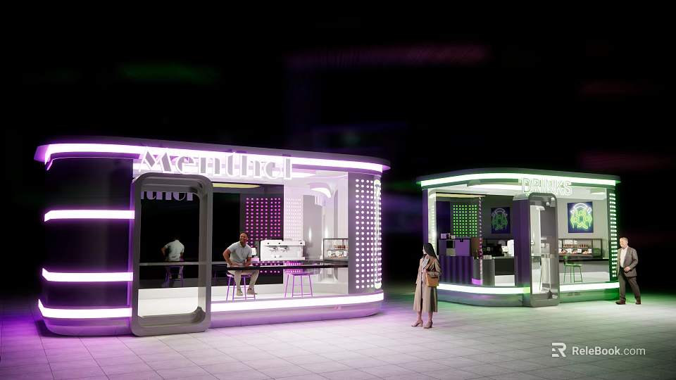 Modern Neon Lit Outdoor Kiosks With Menthol Signage And Seating Areas At Night 3d model 