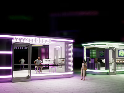 Modern Neon Lit Outdoor Kiosks With Menthol Signage And Seating Areas At Night 3d model