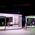 Modern Neon Lit Outdoor Kiosks With Menthol Signage And Seating Areas At Night