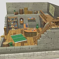 Medieval Stone Chamber Interior With Wooden Staircase Counter Bookshelves Barrels Magic Scroll And Green Rug
