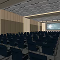 Spacious Modern Conference Room With Neatly Arranged Black Chairs And Large Projection Screen