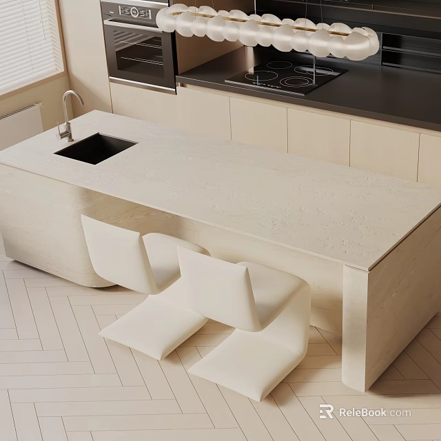 Modern Light Colored Dining Table Set With White Chairs And Smooth Countertop In Kitchen 3d model