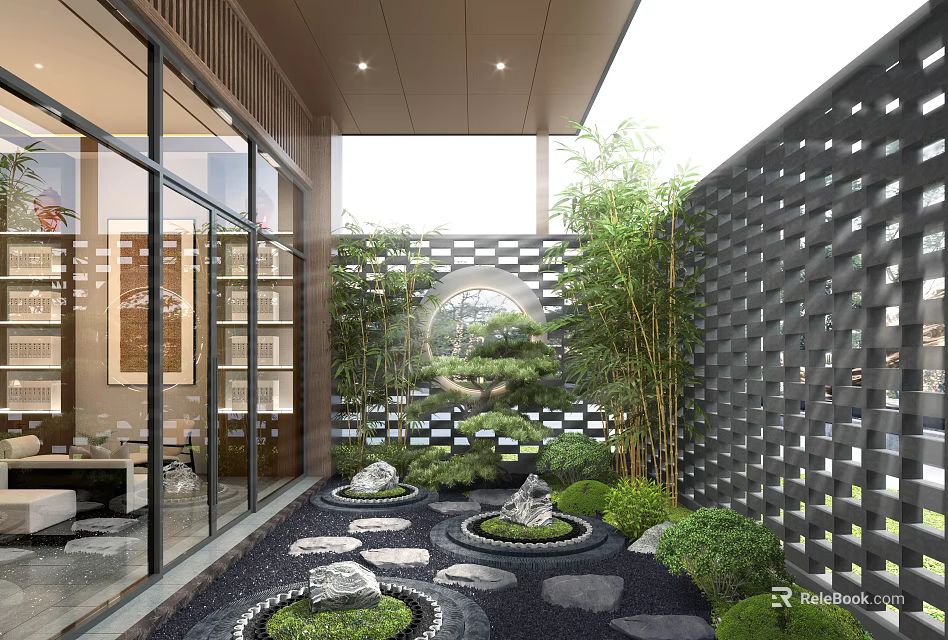 Courtyard Garden Design With Bamboo Plants Stone Pathways Perforated Screen And Circular Window 3d model 
