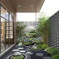 Courtyard Garden Design With Bamboo Plants Stone Pathways Perforated Screen And Circular Window