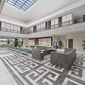 Court Service Hall Interior Design With Marble Counters Green Plant And Geometric Floor Pattern