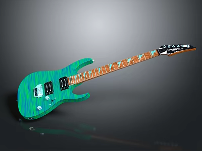 Green Electric Guitar With Wood Grain Body And Brown Neck Pickups Tuning Knobs 3d model