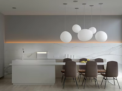 Modern Dining Table Set With Marble Countertop Pendant Lights And Minimalist Chairs 3d model