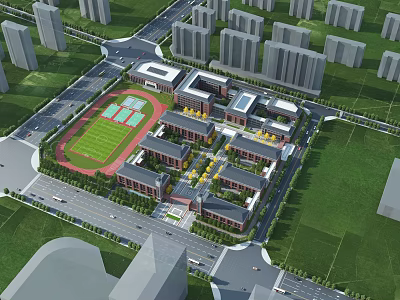 School Buildings in Modern Campus Aerial View With Sports Field and Green Landscaping 3d model