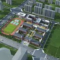 School Buildings in Modern Campus Aerial View With Sports Field and Green Landscaping