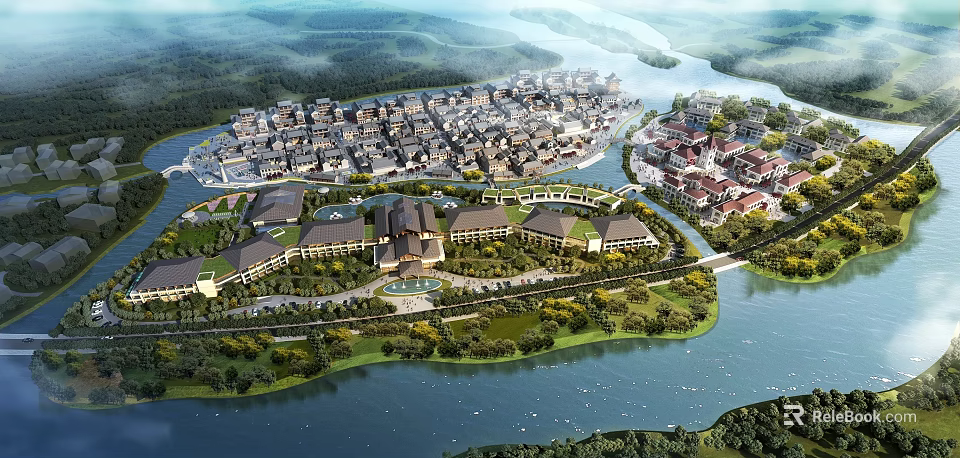 Aerial Planning of Traditional Building Complex with River Green Spaces Bridges and Surrounding Scenery 3d model 