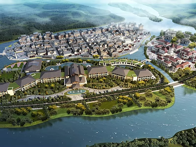 Aerial Planning of Traditional Building Complex with River Green Spaces Bridges and Surrounding Scenery 3d model