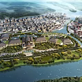 Aerial Planning of Traditional Building Complex with River Green Spaces Bridges and Surrounding Scenery