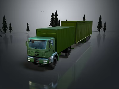 Green Military Tank in Outdoor Environment with Trees and Gray Reflective Ground 3d model