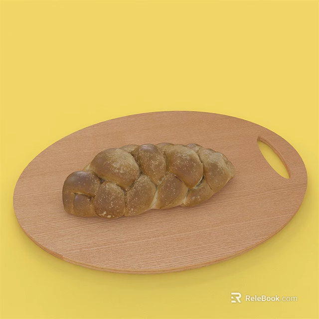 Freshly Baked Braided Bread on Oval Wooden Cutting Board Against Yellow Background 3d model 