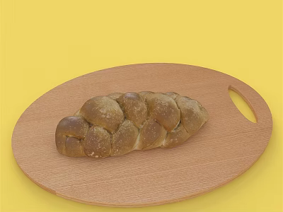 Freshly Baked Braided Bread on Oval Wooden Cutting Board Against Yellow Background 3d model