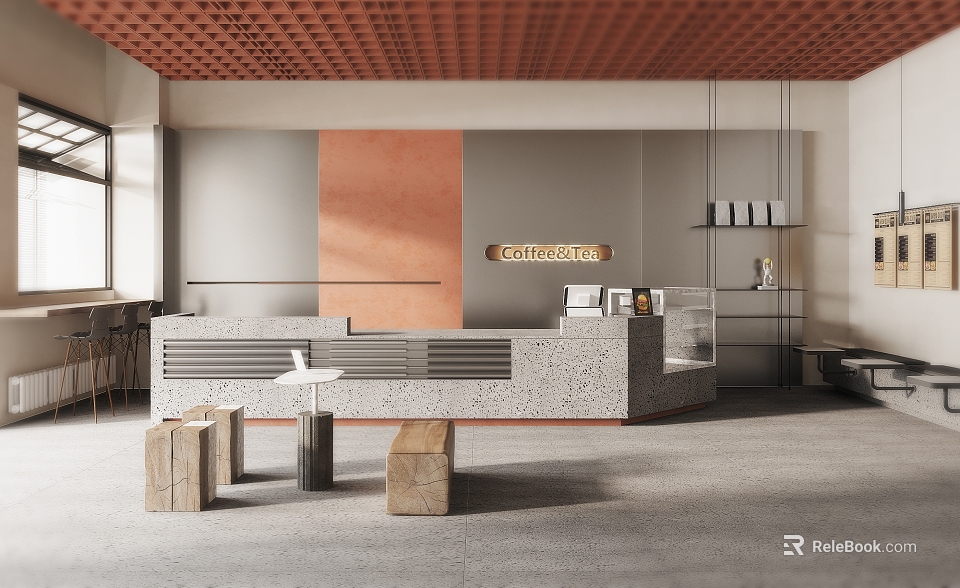 Modern Cafe Interior With Open Bar Counter Red Brick Ceiling Gray Walls And Wooden Stools 3d model 