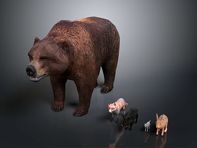 Realistic Brown Bear With Small Animals In Wildlife Model Display Scene 3d model