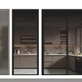 Elegant Modern Kitchen Interior With Glass Swing Door And Marble Counter Cabinets