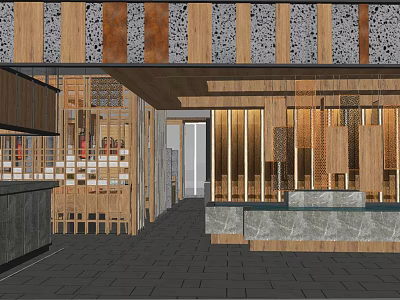 Elegant Restaurant Interior Design With Wooden Decor Marble Counter And Partition Dividers 3d model