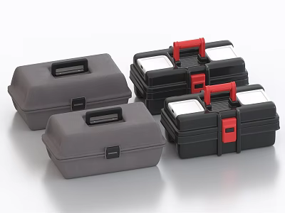 Gray And Black Toolboxes With Red Handles Lidded Storage Organizer Cases 3d model