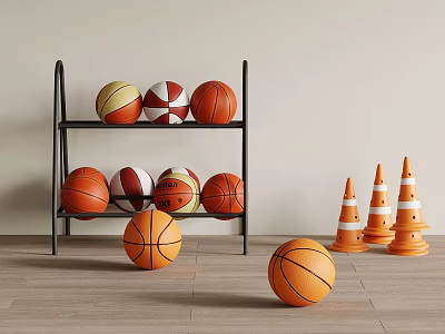 Basketballs On Shelf And Traffic Cones On Wooden Floor 3d model