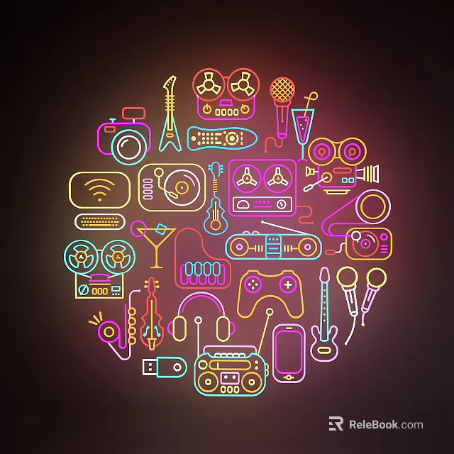 Neon Style Decorative Lights Featuring Entertainment Device Icons In Circular Arrangement With Vibrant Colors 3d model 