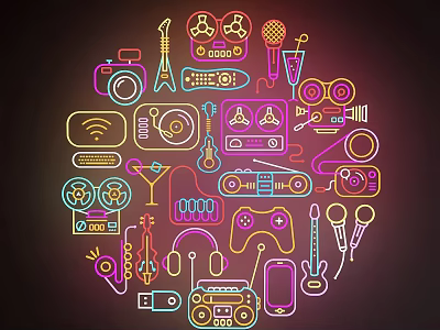 Neon Style Decorative Lights Featuring Entertainment Device Icons In Circular Arrangement With Vibrant Colors 3d model
