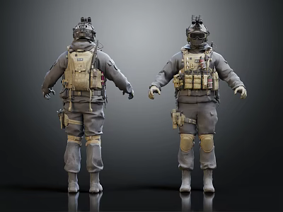 Tactical Humanoid Characters Front And Back Views With Gray Beige Uniforms Backpacks Knee Pads 3d model