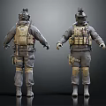Tactical Humanoid Characters Front And Back Views With Gray Beige Uniforms Backpacks Knee Pads 3d model