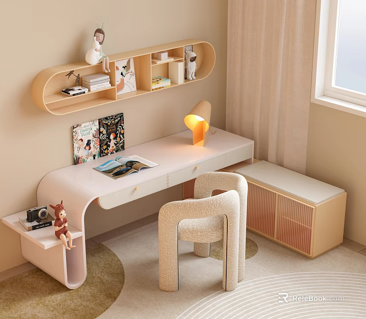 Modern Desk and Chair Set in Cozy Home Study with Lamp Books and Storage Cabinet 3d model 