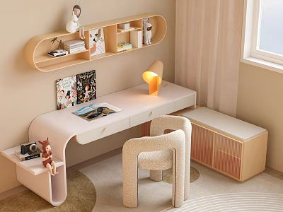 Modern Desk and Chair Set in Cozy Home Study with Lamp Books and Storage Cabinet 3d model