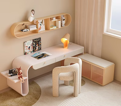 Modern Desk and Chair Set in Cozy Home Study with Lamp Books and Storage Cabinet 3d model