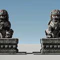 Pair of Sitting Stone Lion Statues as Garden Ornaments with Ornate Pedestals