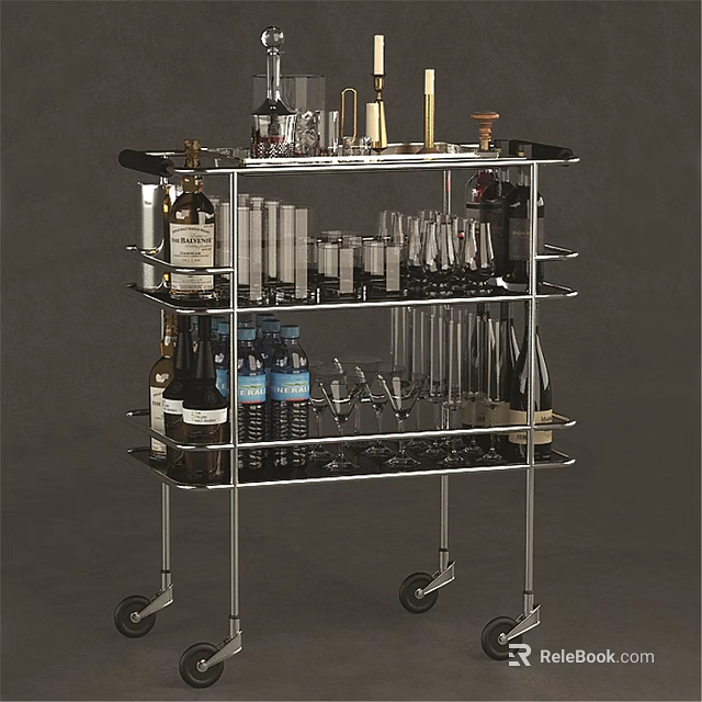 Kitchen Cart with Multiple Shelves for Wine Bottles Glasses and Bar Tools on Wheels 3d model 