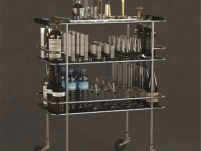 Kitchen Cart with Multiple Shelves for Wine Bottles Glasses and Bar Tools on Wheels 3d model