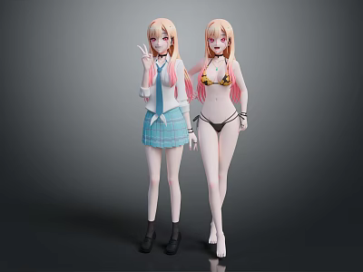 Two Anime Female Characters with Pink Long Hair Twin Tails and Different Stylish Outfits 3d model