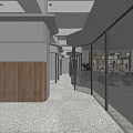 Modern Office Corridor With Glass Partitions Bookshelves Lighting Green Plants And Sleek Flooring
