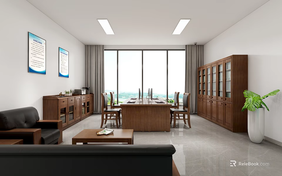 Spacious Office Interior With Long Meeting Table Chairs Large Windows Wooden Bookcase And Green Plant 3d model 
