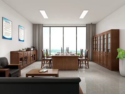 Spacious Office Interior With Long Meeting Table Chairs Large Windows Wooden Bookcase And Green Plant 3d model