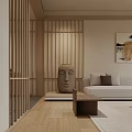 Minimalist Living Dining Room with Beige Sofa Wooden Coffee Table and Floor to Ceiling Window