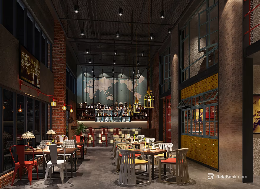 Industrial Style Café Interior With Brick Walls Colorful Tables And Pendant Lights 3d model 
