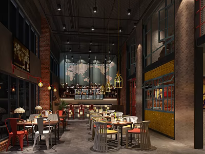 Industrial Style Café Interior With Brick Walls Colorful Tables And Pendant Lights 3d model