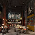 Industrial Style Café Interior With Brick Walls Colorful Tables And Pendant Lights