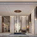 Luxurious Hotel Lobby Featuring Marble Walls Warm Lighting Circular Chandelier And Central Water Feature