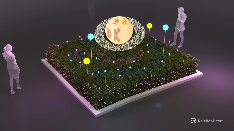 Colorful Outdoor Lights On Green Lawn With Circular Moon Pattern And Spherical Lamps 3d model 