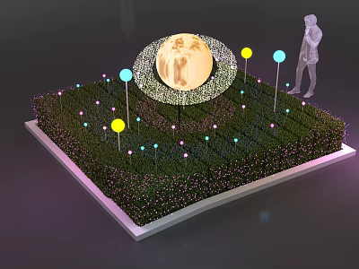 Colorful Outdoor Lights On Green Lawn With Circular Moon Pattern And Spherical Lamps 3d model