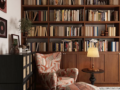 Cozy Study Room Interior With Bookshelves Patterned Armchair And Table Lamp 3d model