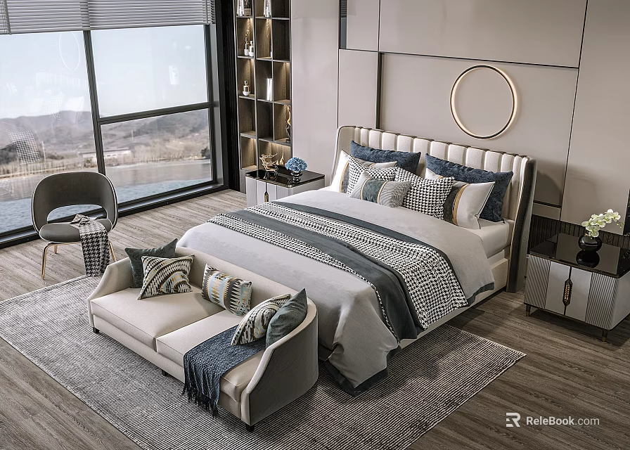 Modern Bedroom Interior With Double Bed Pillows Quilt Bench Large Window And Mountain View 3d model