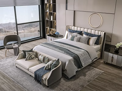Modern Bedroom Interior With Double Bed Pillows Quilt Bench Large Window And Mountain View 3d model