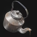 Vintage Silver Metal Teapot With Dripping Liquid From Spout On Black Background